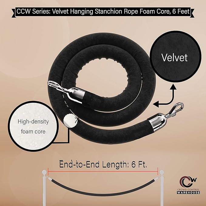 Montour Line Velvet Hanging Stanchion Rope Foam Core, 8 Foot Yellow Rope with Polished Brass Snap Ends