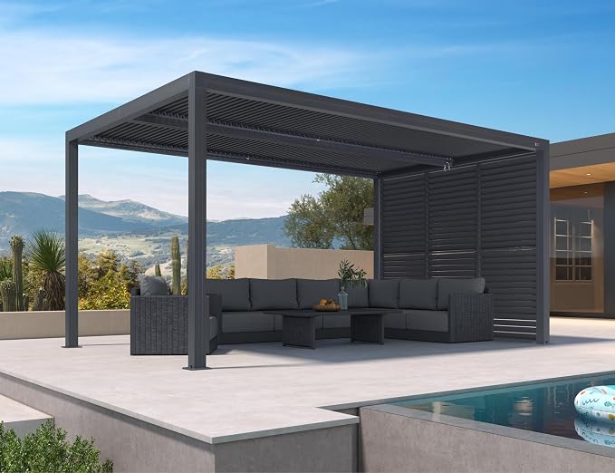 PURPLE LEAF Louvered Pergola 10' x 16' 94AS w/ 1W Side Shutter Wall Grey | Two Adjustable Roofs, 53Mph Wind Resistant Build, Plus Adjustable Privacy Shutters (Wind Block + Seclusion), Heavy-Duty Model