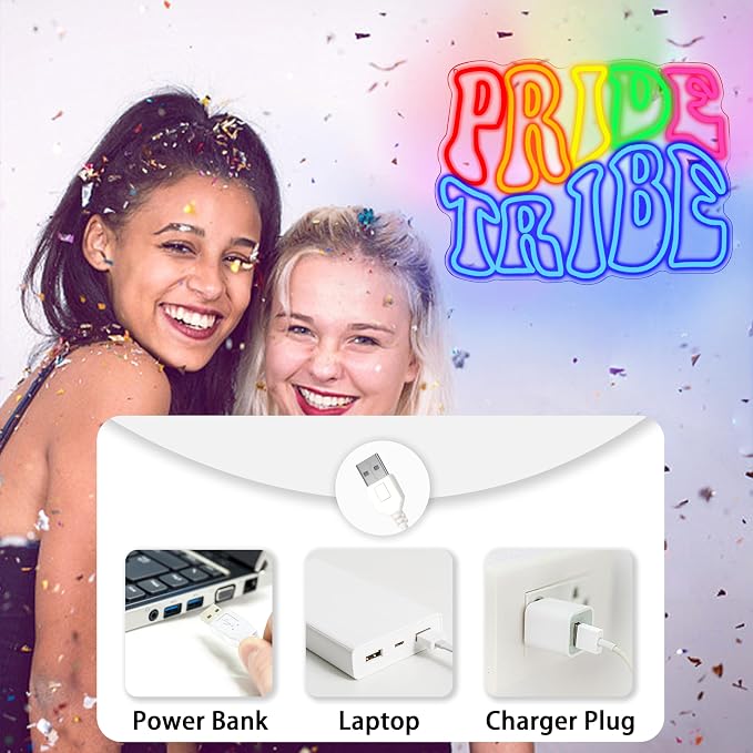 Pride Tribe Neon Sign for Wall Decor 16.54’’*12.6’’ Rainbow Neon Light Adjustable LGBTQ Light Up Sign Usb Powered Pride LED Neon Sign for Pride Month Bedroom Gay Bar Party Man Cave