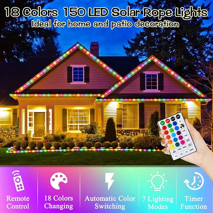 LitHome 50FT 150 LED Solar Rope Lights Outdoor Waterproof with Remote | 18 Colors Changing Halloween Rope Lights for Outside,Solar String Light for Trampoline Railings Tree Garden Christmas Decor