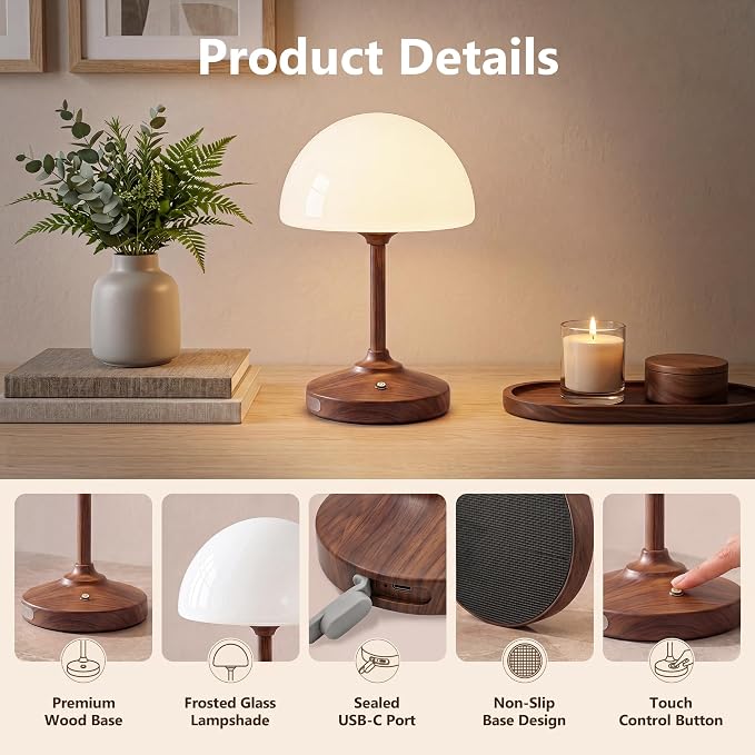 Table Lamp Cordless Lamp,5000mAh Rechargeble Battery Operated Lamp | Small Bedside Desk Lamp 11.02" with Glass Shade 3-Way Dimmable Portable LED Table Light,for Outdoor,Dinner(Walnut Wood Grain)