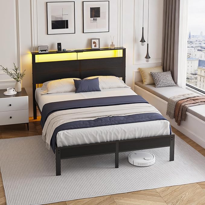 Queen Size Bed Frame with LED Lights and Charging Station Headboard | Black Metal Platform Bed, Storage Shelf, USB+Type C, Noise Free, No Box Spring Needed, Easy Assembly