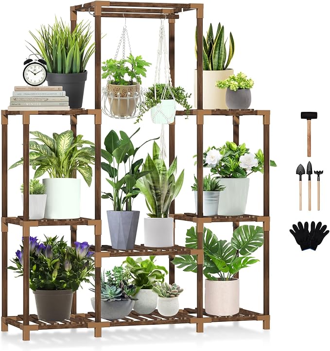Plant Stand Indoor Outdoor Tall Shelf for Multiple Plants 8 Tiers 12 Pot Large Rack Pine Wood Corner Plant/Flower Holder for Room Corner Balcony