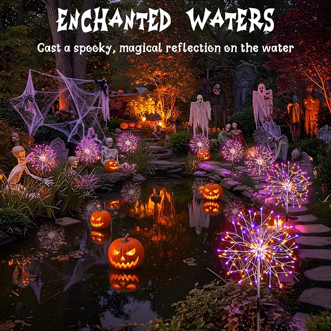 Solar Halloween Lights Outdoor Solar Powered, Upgrade 2-Pack Orange & Purple Solar Firework Lights, Waterproof Garden Light for Yard Pathway Patio Flowerbed Halloween Decorations