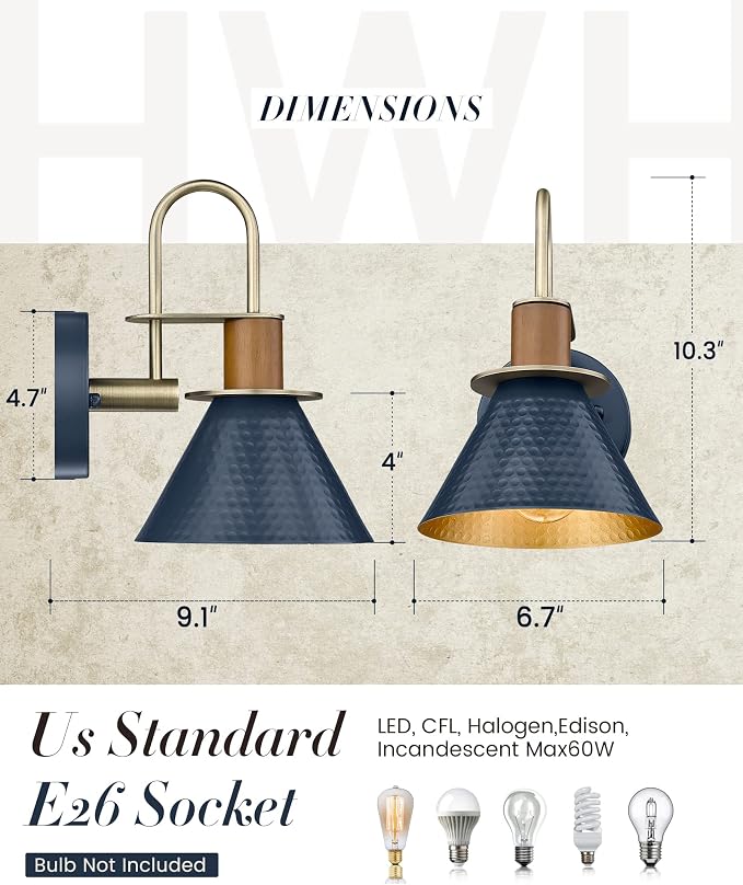 Industrial Wall Sconces Set of Two, HWH Indoor Wall Sconce 1-Light Barn Vanity Light, Hammered Wall Lamp for Bathroom Bedroom Bedside Kitchen, Hammered Metal Shade, Navy Blue Finish, 5HZG74B-2 BL+BG