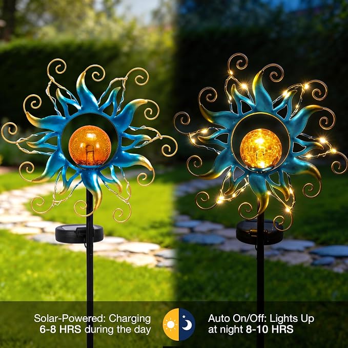 ZHQIAN Solar Lights Outdoor Garden Decor, Blue Metal Sun Crackle Glass Globe Stake Waterproof 30LED Decorations Unique Gifts for Women,Mom,Outside, Patio,Lawn,Yard,Pathway