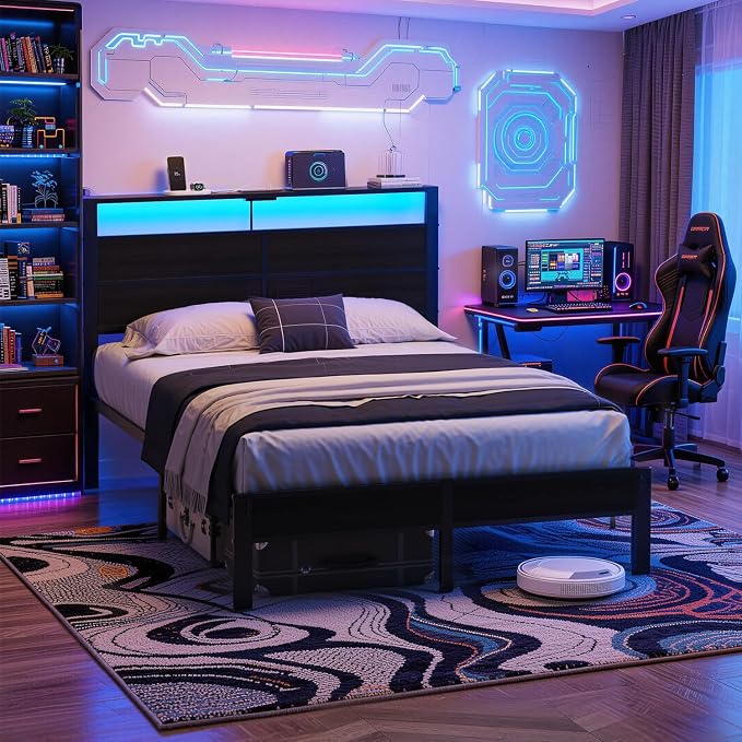 Full Size Metal Bed Frame with Storage Headboard, LED Lights | USB Charging Station, Metal Platform Bed with Sturdy Slats,Noise Free,No Box Spring Needed, Easy Assembly
