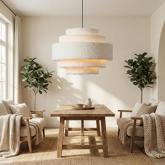 AUQUEE 5-Tier Coastal Chandelier, 13" Modern Boho Pendant Light Fixture with Soft Teddy Plush Shade, Adjustable Modern Drum Hanging Lamp for Bedroom/Nursery/Dining Room/Kitchen Island/Entryway,White