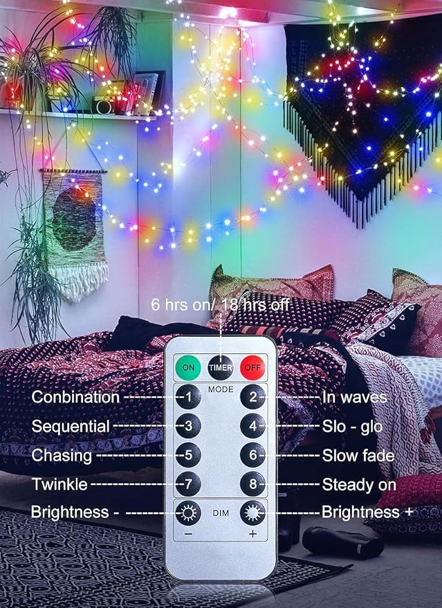 Minetom 33FT 100LED Multicolor Fairy Lights Battery Operated with Remote | Waterproof Twinkle Lights for Bedroom Dorm Patio Tapestry Backyard Garden Party Indoor Christmas Decoration