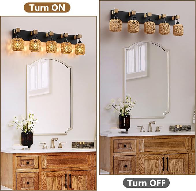 LmnLvn 5-Light Bathroom Vanity Light, Boho Farmhouse Rattan Handwoven Shade | Wood & Metal Frame, Rattan Vanity Light Design, Mounted Over Mirror, Easy To Install for Restroom, Bedroom & Hallway