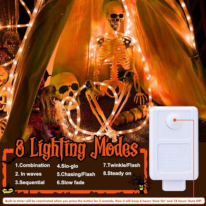 200ft LED Rope Lights Outdoor, 1440 LED Connectable and Flexible Tube Lights with 8 Modes, Waterproof Indoor Outdoor LED Rope Lighting for Deck, Garden, Pool, Patio, Party, Holloween Decor - Orange