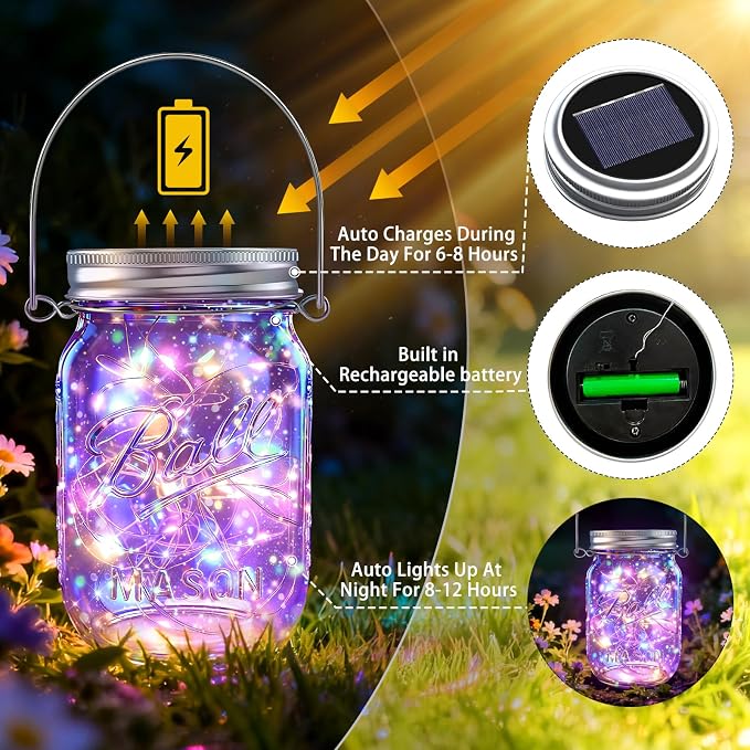 Solar Mason Jar Lights, 12 Pack 30 LED(NO Jars) Firefly Fairy String Lights, Waterproof Outdoor Solar Mason Jar Lid Lights with Hangers for Patio Garden Yard Wedding Decoration - Multicolor