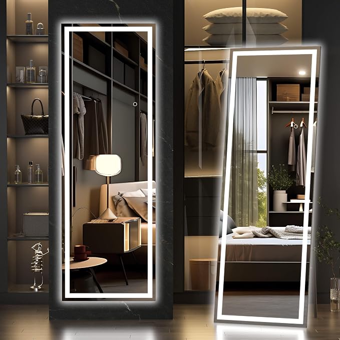 Hasipu Full Length Mirror with Lights, 56" x 15.8" LED Floor, Full Body Dressing Standing, Hanging Mounted Mirror, Square Black