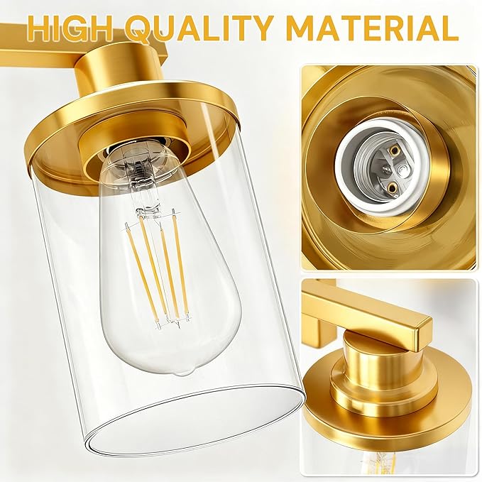 L LOHAS LED 3 Light Bathroom Vanity Light, Gold Bathroom Light Fixtures, Vanity Lights for Mirror Bedroom Hallway