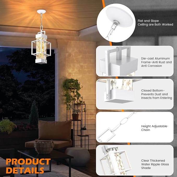 Hotsonic 15'' White Outdoor Indoor Pendant Celing Light Fixture, Modern Exterior Hanging Chandelier Porch Lights, Aluminum Outside Lantern Lamp for Entrance Foyer Entryway (Bulb Included)