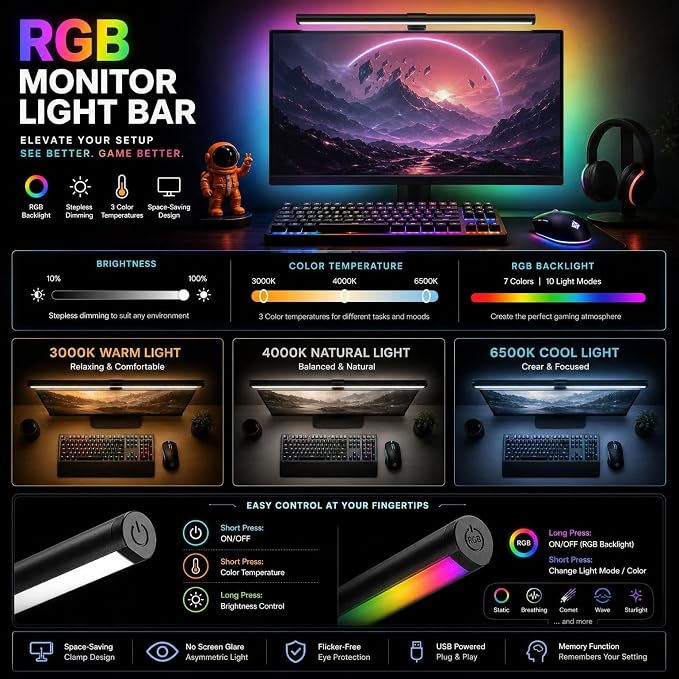 RGB Monitor Light Bar Dual USB Reading Screen Lamp Touch Switch | Dual-Sided 15 Modes Gaming Ambient Light Bar Eye-Care Non-Remote RGB Mood Lighting Lamp for Home Office Study 15" x 0.8"
