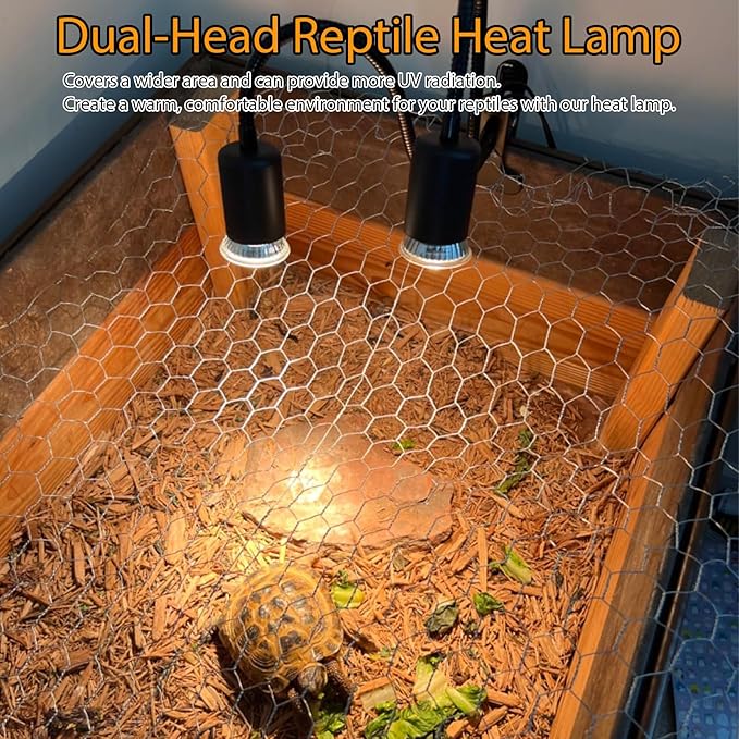 Double-Head Reptile Heat Lamp with (2Pcs 25W+2Pcs 50W) UVA UVB Light Bulb, Basking Spot Light Simulated Sunlight, Dimmable Heating Lamp with 360° Rotatable for Turtle, Lizard, Snake, Beared Dragon