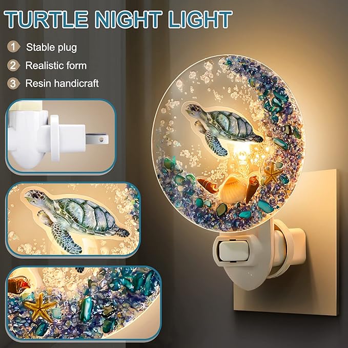 Hortsun Plug in Seashell Night Light Ocean Sea Animal Decorative Night Light Plug in Beach Lamps Vintage Ocean Lamps for Adult for Home Bedroom Living Room Bathroom Wall(Sea Turtle)