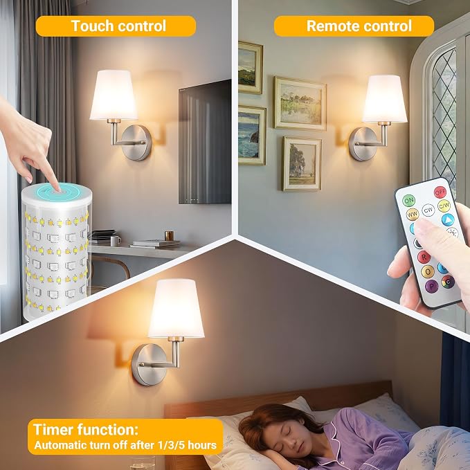 Vimhou Peel and Stick Wall Sconces, Stick On Wall Sconce Set of 2, Battery Operated Wireless Wall Light, No Drill Adhesive Wall Lamp, Corn Bulb with 10000mAh Rechargeable Battery, Bedroom Wall Decor