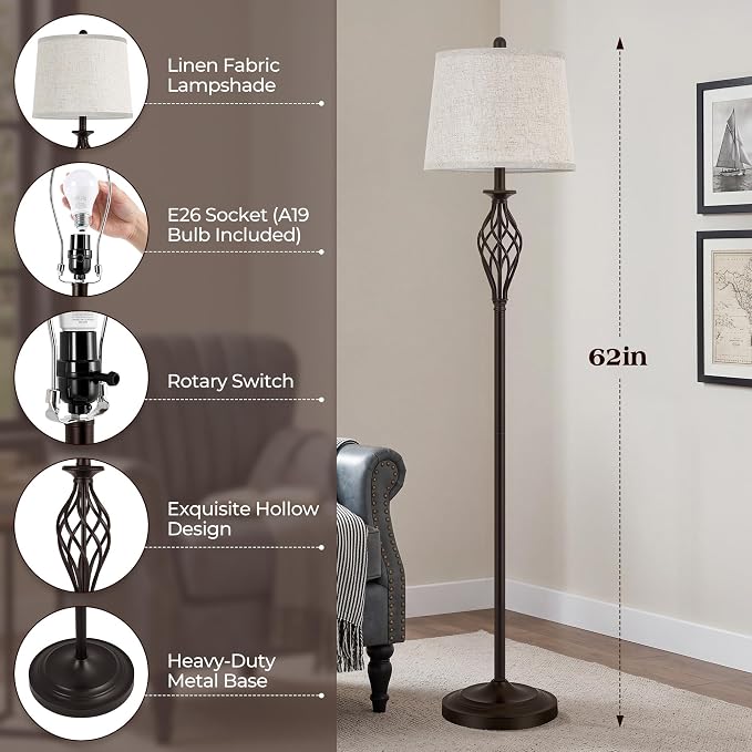 EJIAXIN Floor Lamps for Living Room - 62" Farmhouse Vintage Standing Lamp for Bedroom with Adjustable Color Temperatures,Brown Tall Lamp with Linen Shade,Reading Light for Home Office,Bulb Included