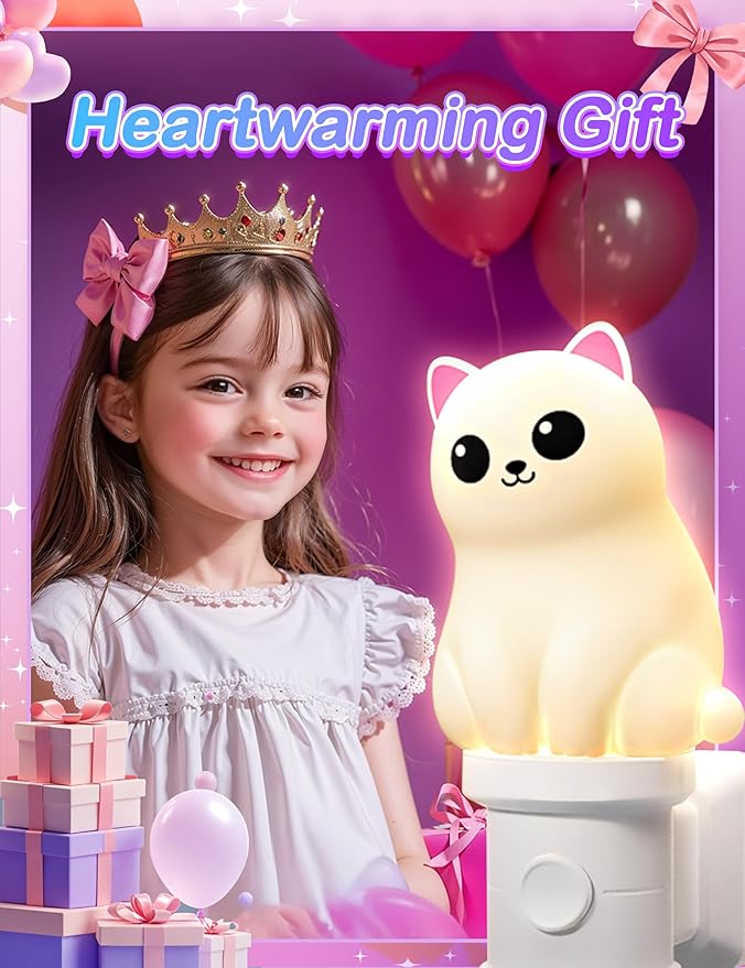 KINDEEP Kids Night Lights for Bedroom: RGB & Soft White with Dusk to Dawn Sensor, Detachable Cute Animal Night Light for Baby Nursery, Kids Room Decor 2 Pack (Two White Persian Cats)