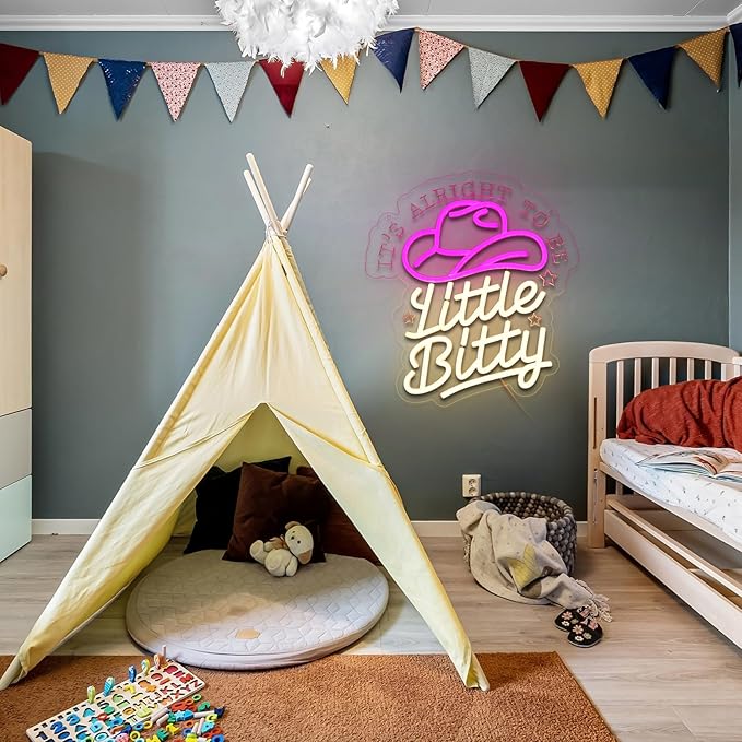 It's Alright To Be Little Bitty Neon Sign for Wall Decor Dimmable Cowboy Hat Led Sign for Bedroom Neon Light for Western Farmhouse Nursery Decor Home Baby Shower Party Gift for Kids Girls