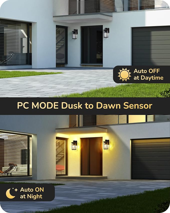 EDISHINE Outdoor Wall Lights with GFCI Outlet, Motion Sensor Dusk to Dawn | Water Ripple Glass, 3 Modes, E26 Base, 140° Angle & 33FT Range, Waterproof Wall Sconce for Porch Front Door Garage Patio