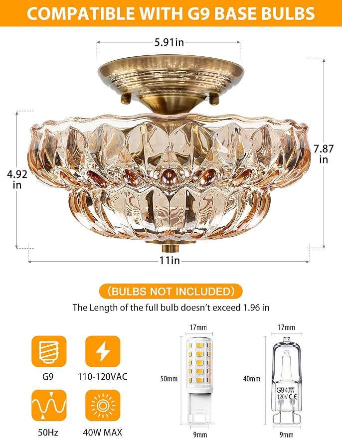 Semi Flush Mount Ceiling Light,Vintage Gold Hallway Lights Fixture | 11IN 3-Bulb Bright Even Light,Amber Glass Close to Ceiling Light for Bathroom, Hallway, Dining Room,Bulb Not Included