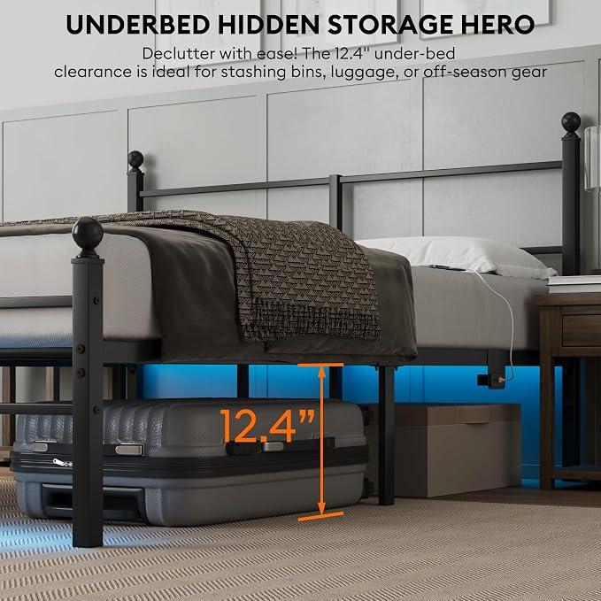 Queen Size Bed Frame with Headboard - Metal Platform Bed with LED Lights, Charging Station, Under Bed Storage and Heavy Duty Steel Slats Support - No Box Spring Needed, Easy Assembly, Black