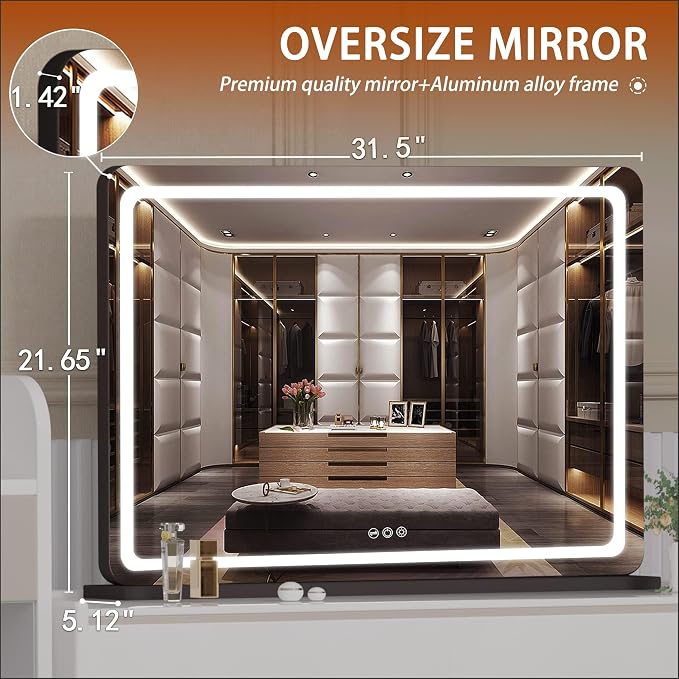 Hasipu Vanity Mirror with Lights, 31.5" x 22.4" LED Makeup Mirror, Lighted Makeup Mirror with Dimmable 3 Modes