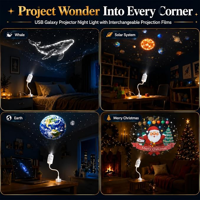2-in-1 Galaxy Projector Night Light with 13 HD Projection Slides, USB Portable Starry Sky Night Light with 360° Rotation & Dual Auto-Off , Mini LED Ceiling Wall Lamp for Car Decor Bedroom Adults Gifts