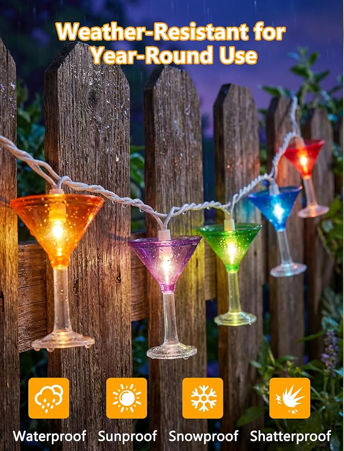 10 LED Cocktail Glass Lights, 8.5Ft Tropical Beach Camping String Lights | Plug in, Multicolor Margarita Drink Cup, Summer Hawaiian Outdoor Decor for Camping Tent Holiday Party Garden