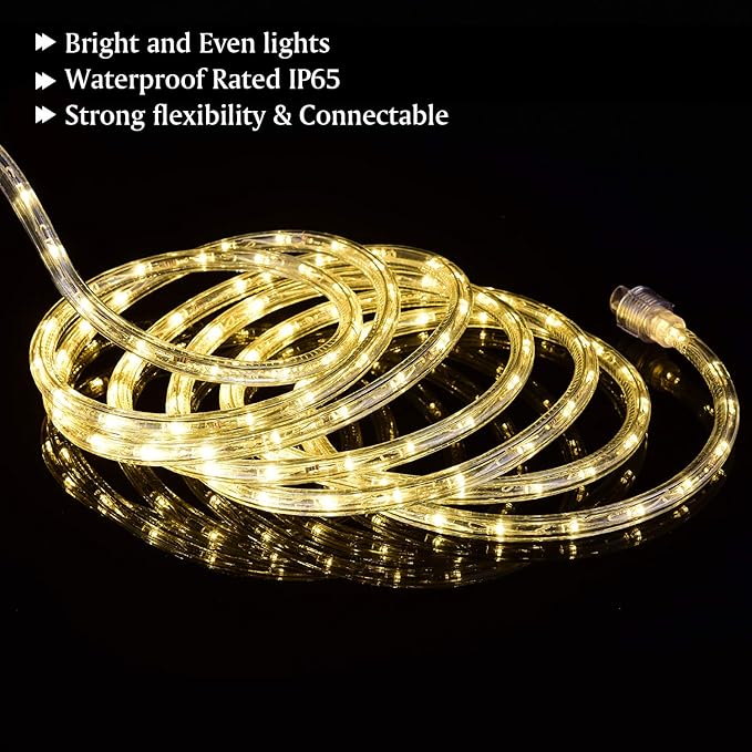 98.4ft Outdoor Rope Lights Waterproof Warm White, Connectable Flexible 110V Plug Thick Cool Clear Tube 3000K LED Rope Lights for Patio, Pool, Camping, Bedroom Decor, Indoor