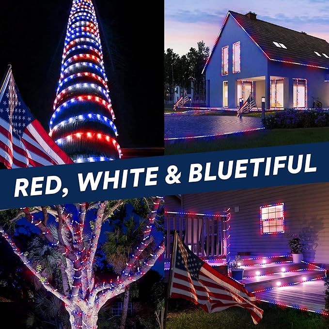 WYZworks 288LEDs, 25ft LED American Flag Red White Blue Outside Rope Lights, Waterproof Permanent Outdoor ETL Certified, Connectable, Palm Tree Decorative Landscape Patio Accent Lighting - USA