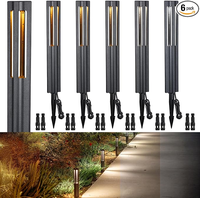 LEONLITE 6-Pack 3W 5CCT LED Low Voltage Path Lights Aluminum Black | LED Landscape Pathway Lights, Outdoor Landscape Lighting, 1800K2700K3000K4000K5000K Selectable, 12-24V, ETL, IP65 Waterproof