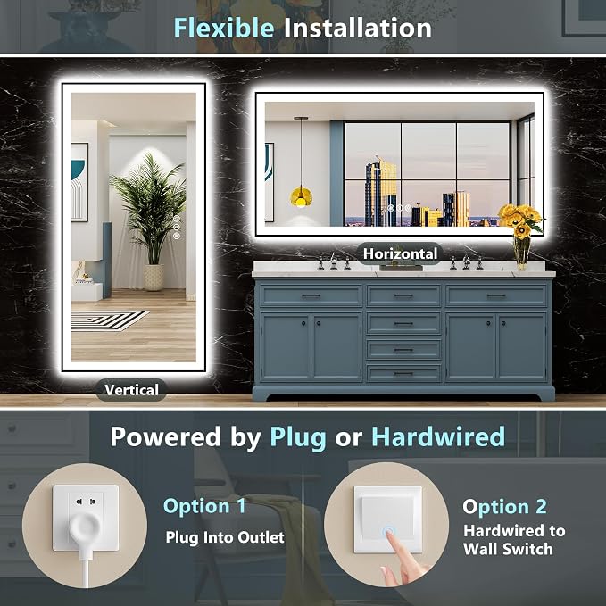 72x32 Black LED Bathroom Mirror, Backlit & Front Lit Lighted Mirror | Metal Framed Anti-Fog Vanity Mirror with Lights, 3 Color Dimmable, Memory, HD Tempered Glass, CRI95, UL Listed, Wall Mounted