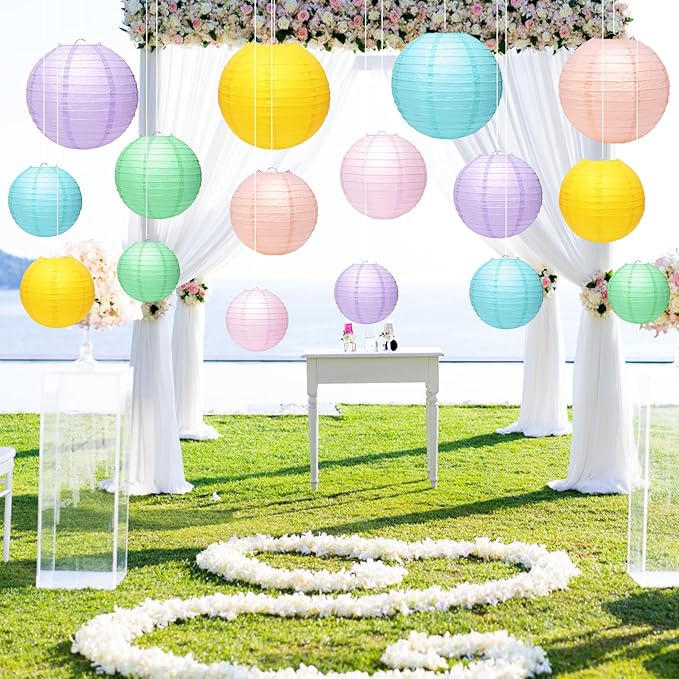 21 Pcs Pastel Neon Hanging Paper Lanterns - Colorful Party Decor in 8 Macaron-Colored Shades - 4 Sizes (4/6/8/10 Inch) for Baby Shower, Classroom, Wedding, Birthday Decorations