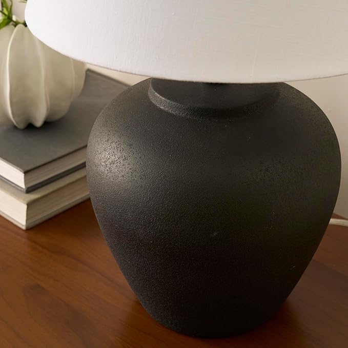 Nourison Home 20" Black Matte Ceramic Table Lamp with Fabric Shade, Bedside Nightstand Lamp for Bedroom, Living Room, Entryway