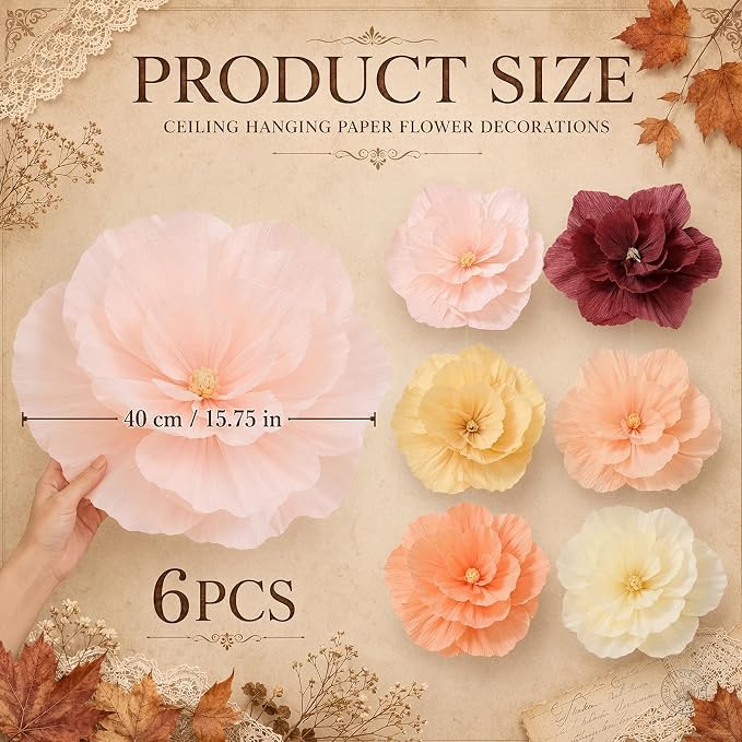 6 Pcs Large Fall Flower Paper Lanterns Decorations 15.7 Inch Boho Tissue Paper Flower with LED Light for Thanksgiving Fall Party Decoration Floral Pendant Lamps for Brithday Bridal Baby Shower
