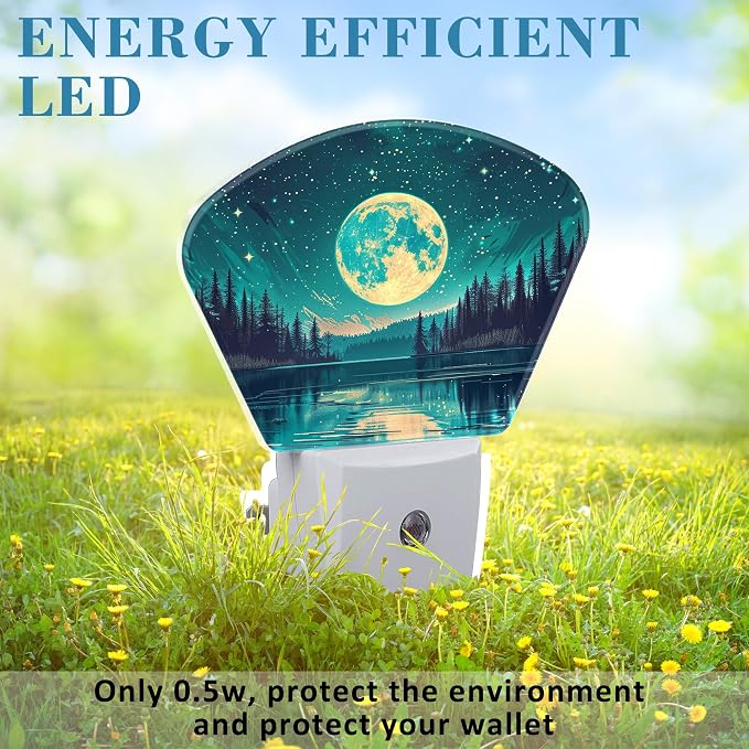 Fantasy Lake Forest Plug in Night Lights, Full Moon in Starry Sky Nightlight Plug Into Wall Dusk to Dawn Sensor for Kid Girls Boys Women Men Room, Hallway, Kitchen, Bathroom, Stairs Decor