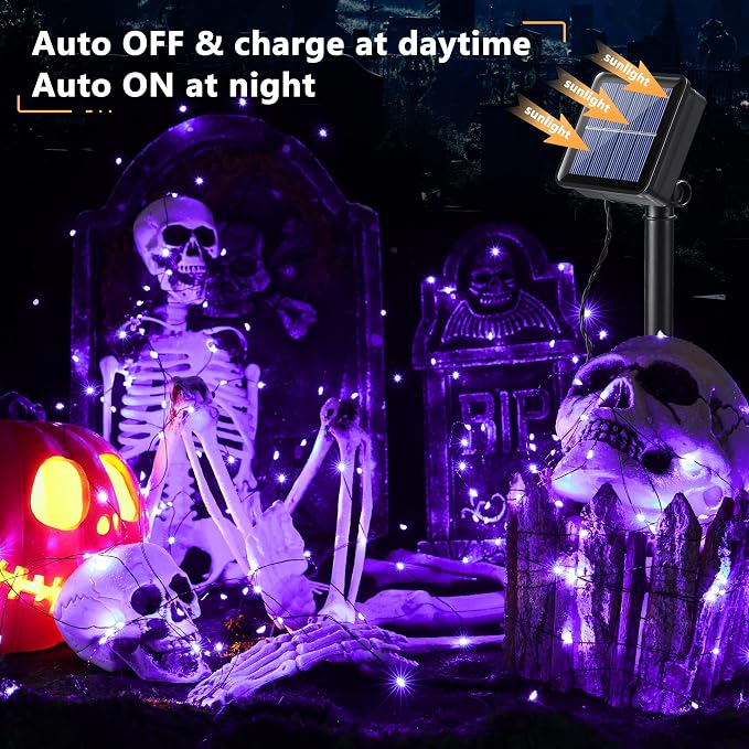Brizled Solar Halloween Purple Fairy Lights, Outdoor Halloween String Light | 2 Pack Total 78FT 240 LED; 8 Modes; Waterproof Mni Twinkle Lights Black Wire for Outside Party Tree Fence Garden Decorations