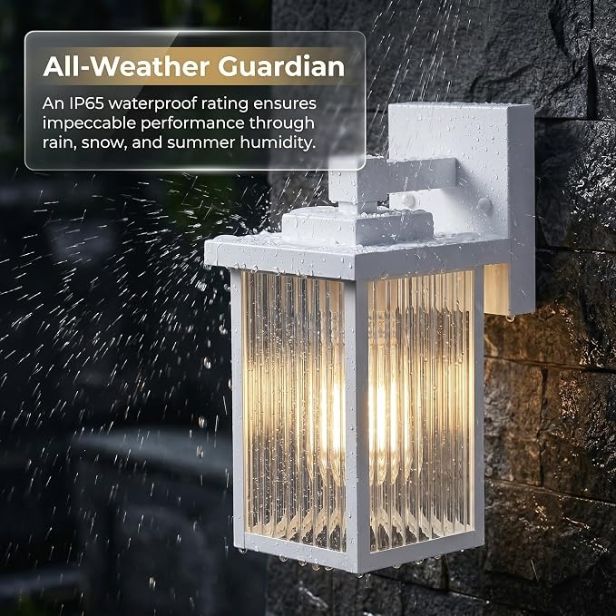 White Porch Light, Waterproof Outdoor Wall Light | Corrosion-Resistant Metal, Textured Glass Cuts Glare, Easy DIY Install on Porch, Garage
