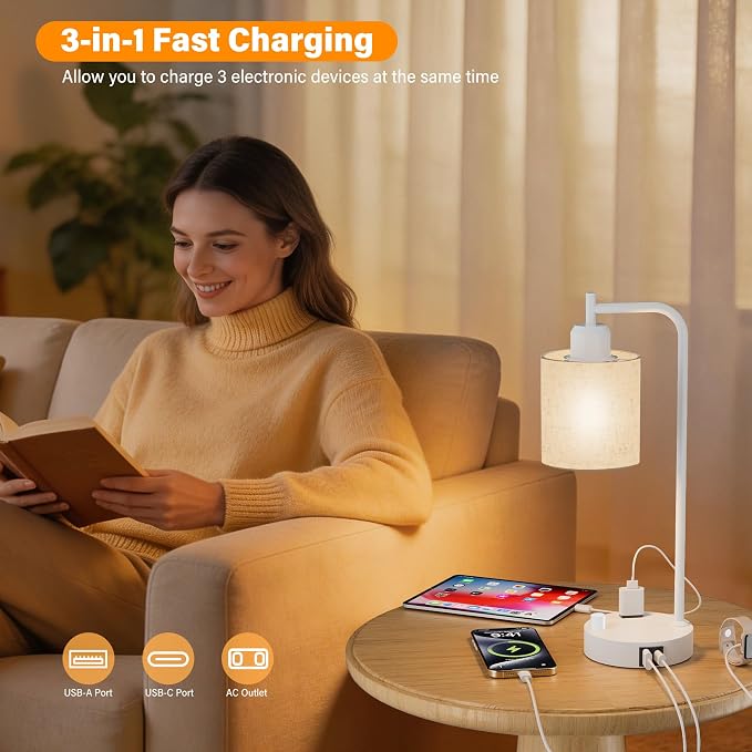 Industrial Table Lamps with Linen Shade, Set of 2 Fully Dimmable Bedside Lamps with USB A+C Ports and Outlet, White Nightstand Desk Lamps for Bedrooms Living Room Office, 2 LED Bulbs Included