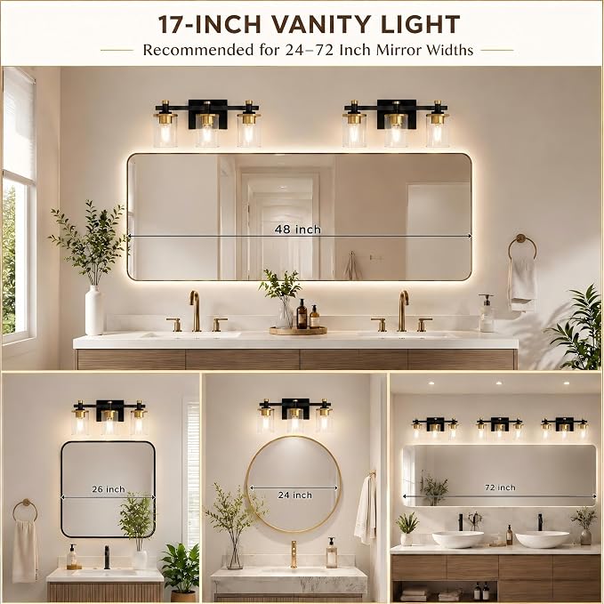 Bathroom Light Fixture, Bathroom Vanity Light Over Mirror, 3-Lights | Vanity Lights for Bathroom, Modern Lighting Fixtures with Clear Glass Shade, Black and Gold Vanity Lights, ETL Listed