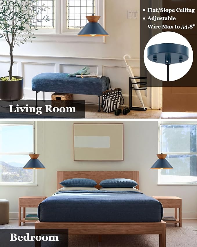 ELYONA 10 Inch Modern Pendant Light Fixture Farmhouse Solid Wood Hanging Lamp with Navy Blue Metal Shade & Gold Inner Finish Adjustable Pendant Light for Kitchen Island Dining Room Bedroom Modern Blue