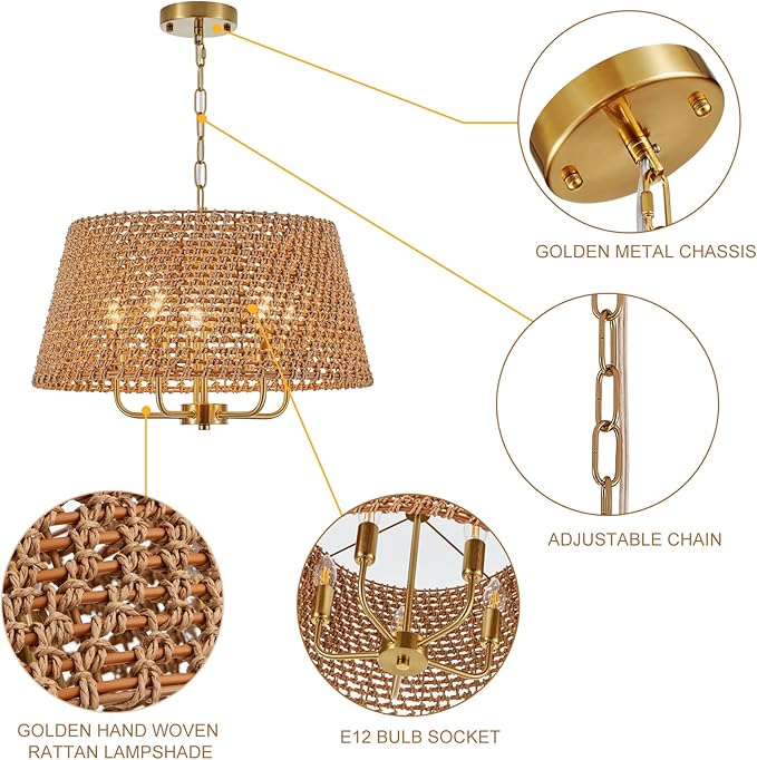 5-Lights Hand-Woven Rattan Chandelier Vintage Farmhouse Boho Bamboo Chandeliers Light Fixture Retro Drum Wicker Rattan Gold Chandelier for Dining Room, Kitchen, Living Room