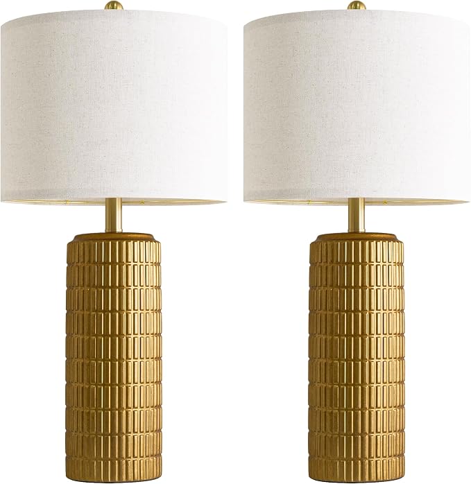 PoKat 27.5'' Tall Brass Gold Table Lamps Set of 2 for Living Room, Modern Table Lamps for Bedroom Night Stands, Retro Ceramic Bedside Lamps, Nightstand Lamps for Sideboard Side End Table, Gold