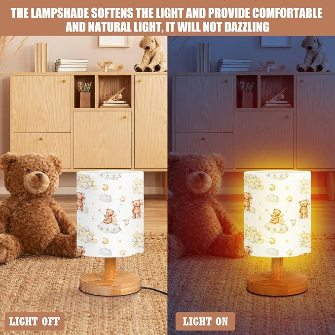 Bear Kids Table Lamp for Bedroom Kids Bedside Lamp with Linen Wooden Nightstand Cartoon Nursery Lampshade for Girls Boys Living Room
