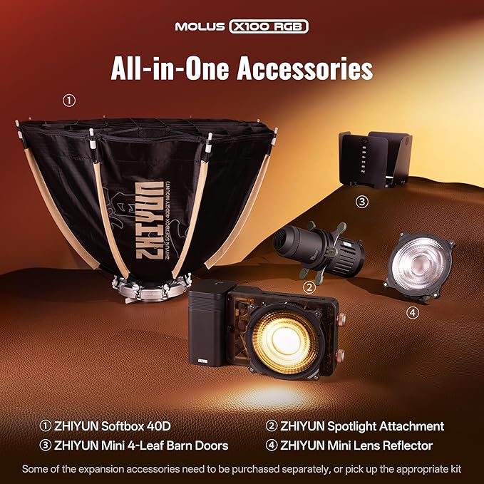 ZHIYUN MOLUS X100 RGB PRO 100W Continuous Output Lighting [Official] V2 Upgraded Version Portable Video Light Handheld Professional Photography Lighting CRI≥95 TLCI≥97 2500K~10000K Only 384g (Black)