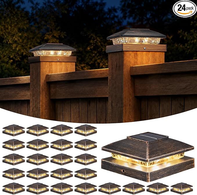 APONUO Solar Post Cap Lights for 4x4 Posts - IP64 Waterproof, Warm White, Wireless Fence Lights & Deck Lights for Patios, Gardens, and Yards, Brushed Copper, 24 Pack